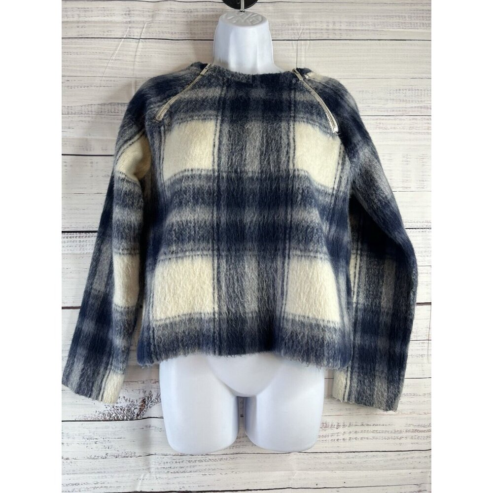 Abercrombie Fitch Soft AF XS Fuzzy Blue Plaid Sweater Zipper Shoulders Preppy